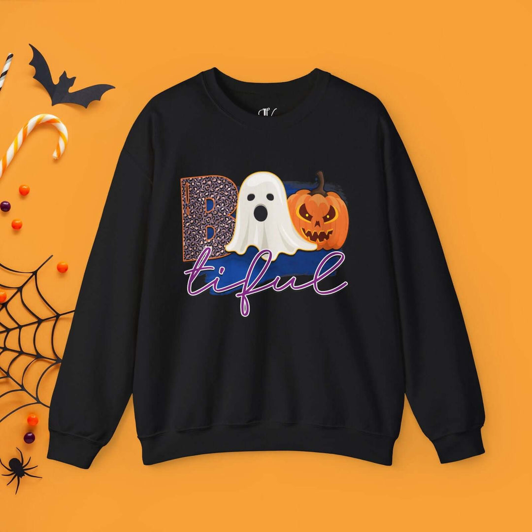 Bootiful Halloween Sweatshirt: Ghost and Pumpkin Design Sweatshirt Printify S Black