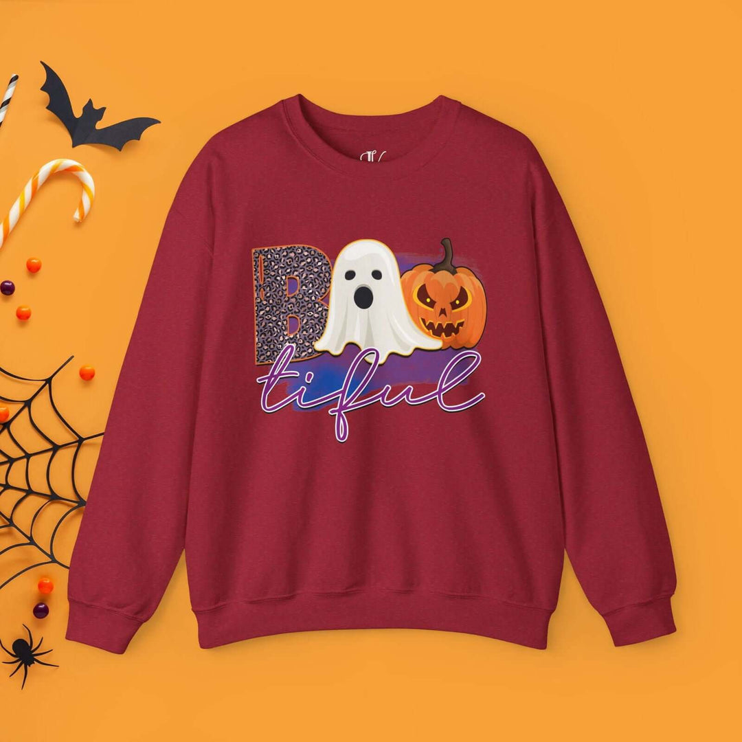 Bootiful Halloween Sweatshirt: Ghost and Pumpkin Design Sweatshirt Printify S Antique Cherry Red