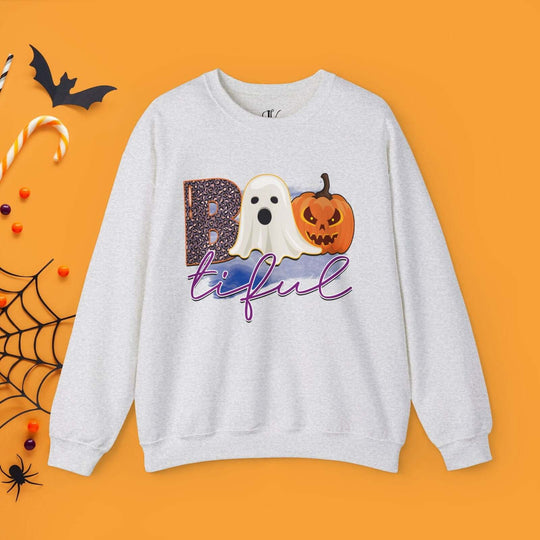 Bootiful Halloween Sweatshirt: Ghost and Pumpkin Design Sweatshirt Printify S Ash