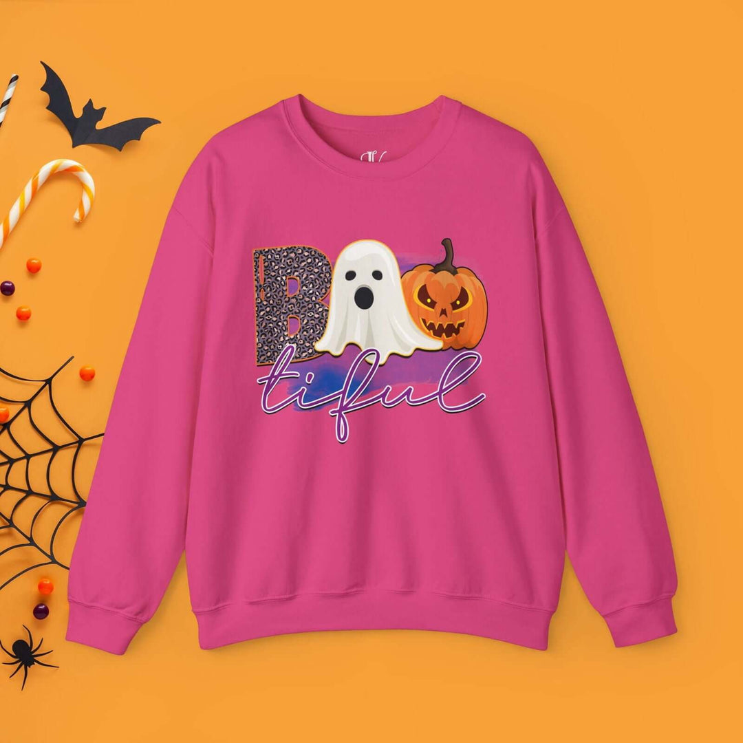 Bootiful Halloween Sweatshirt: Ghost and Pumpkin Design Sweatshirt Printify S Heliconia