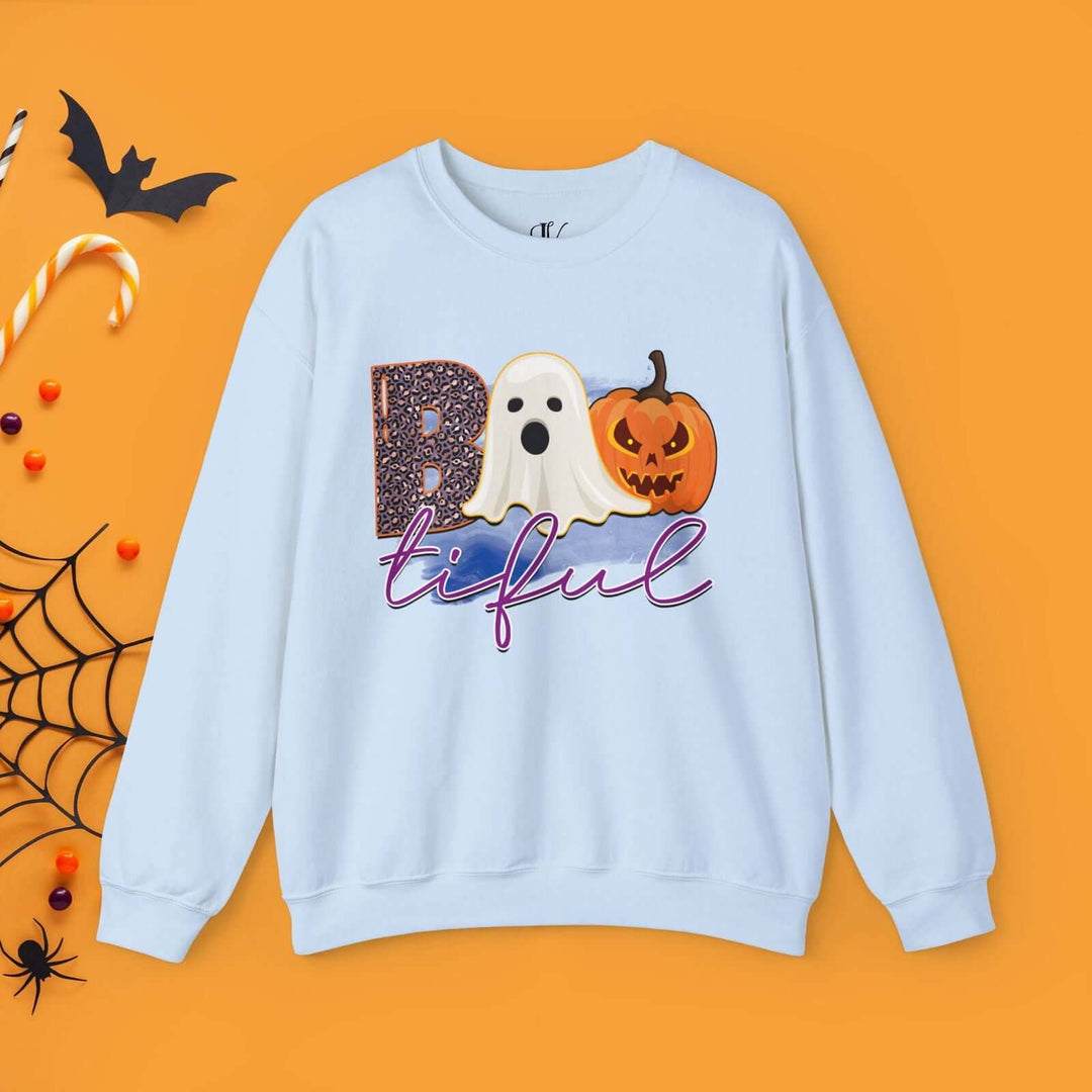 Bootiful Halloween Sweatshirt: Ghost and Pumpkin Design Sweatshirt Printify S Light Blue