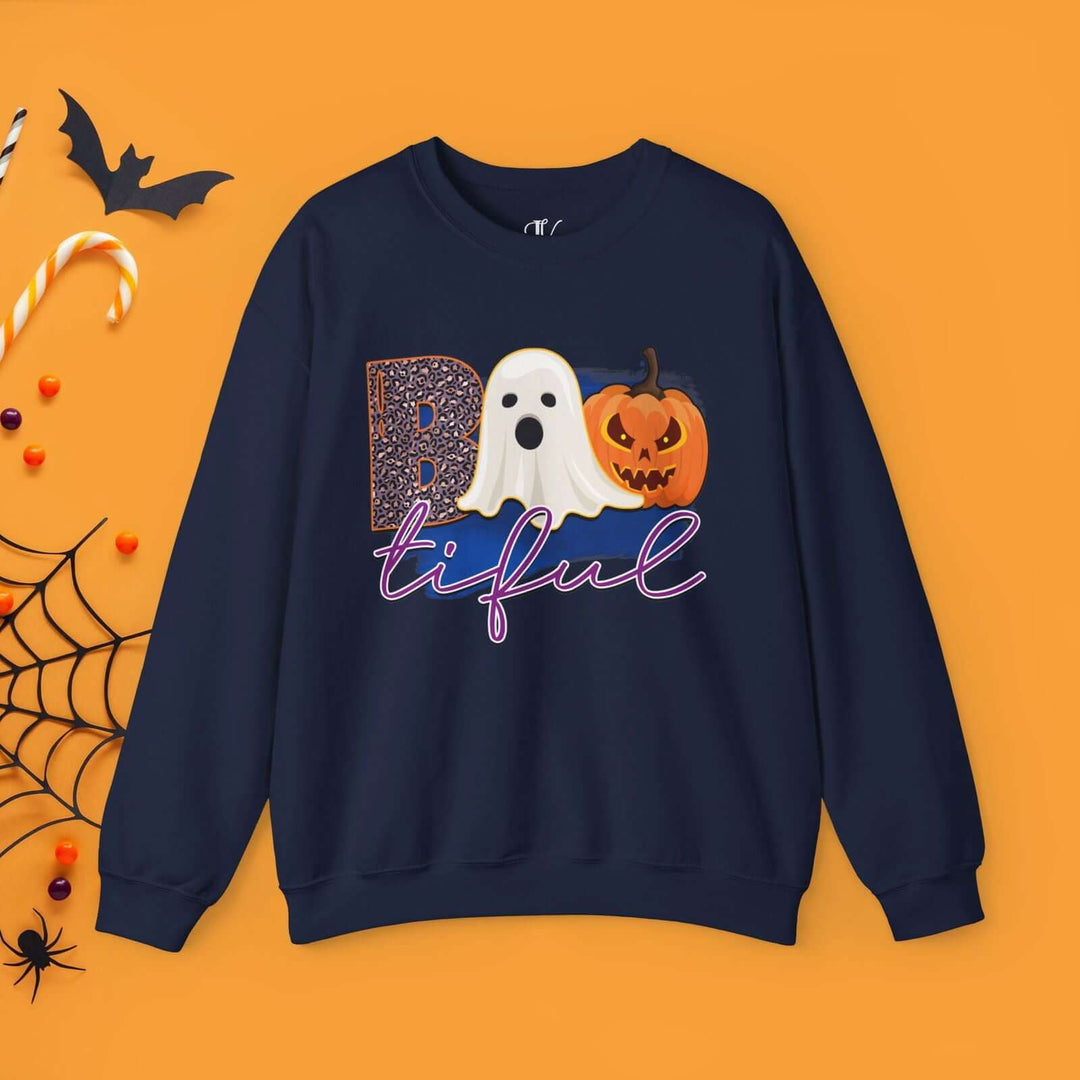 Bootiful Halloween Sweatshirt: Ghost and Pumpkin Design Sweatshirt Printify S Navy