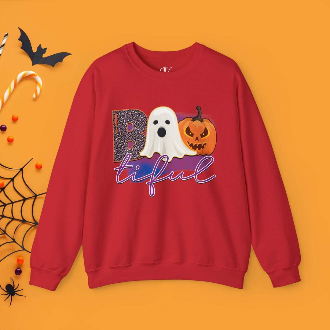 Bootiful Halloween Sweatshirt: Ghost and Pumpkin Design Sweatshirt Printify S Red