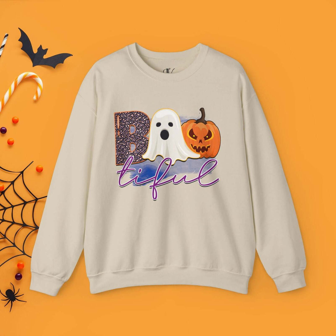 Bootiful Halloween Sweatshirt: Ghost and Pumpkin Design Sweatshirt Printify S Sand