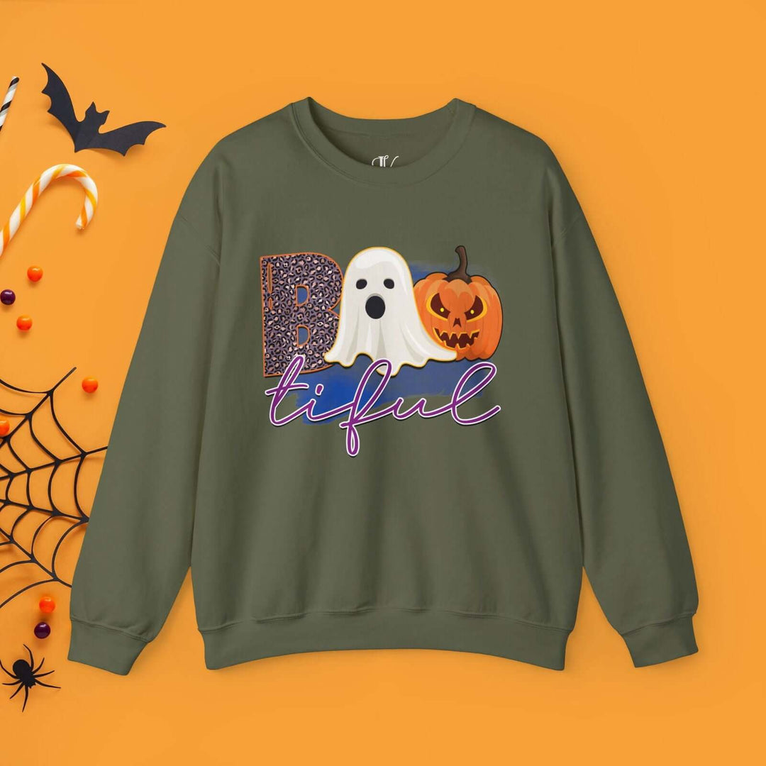 Bootiful Halloween Sweatshirt: Ghost and Pumpkin Design Sweatshirt Printify S Military Green