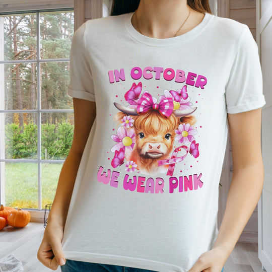 Breast Cancer Highland Cow In October We Wear Pink T-Shirt T-Shirt Printify