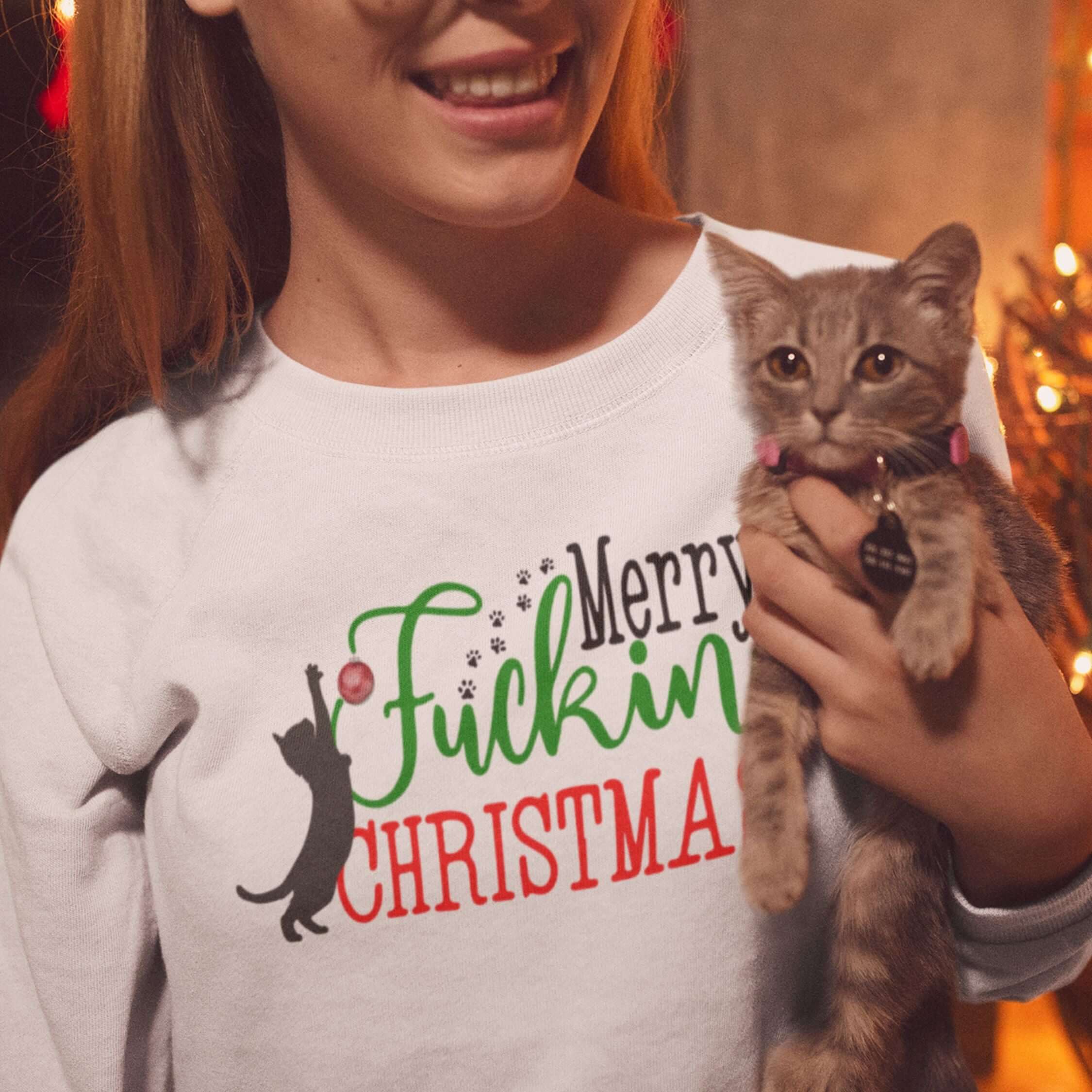 Christmas Cat Sweatshirt - Bold Profanity and Cat Sweatshirt Printify L White