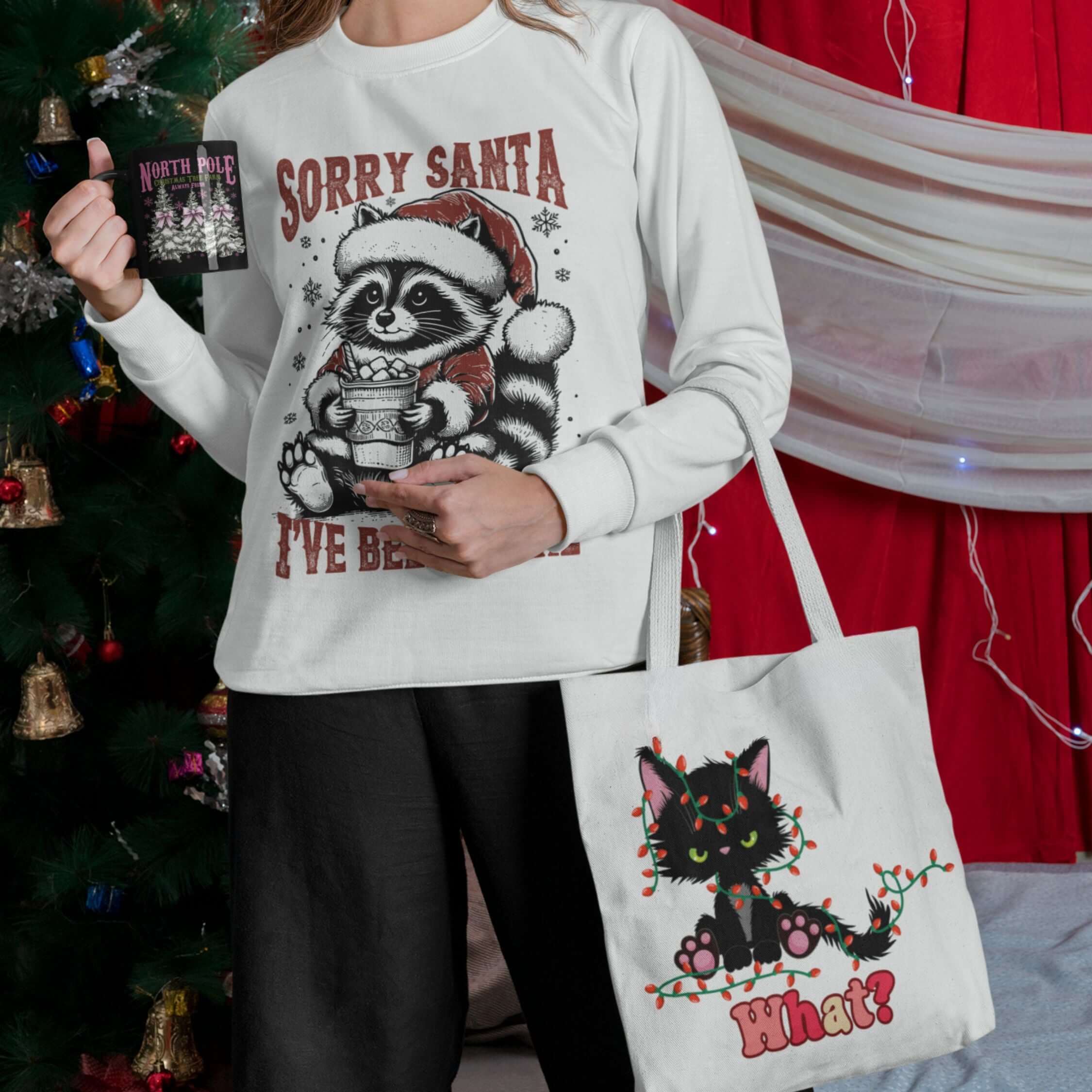 Christmas Coffee Lover Sweatshirt - Sorry Santa I've Been Feral Sweatshirt Printify M White