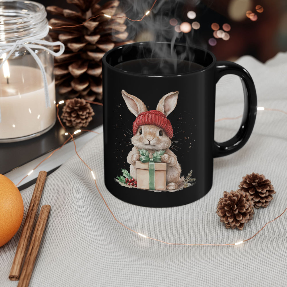 Cute Boho Winter Watercolor Bunny Black Mug