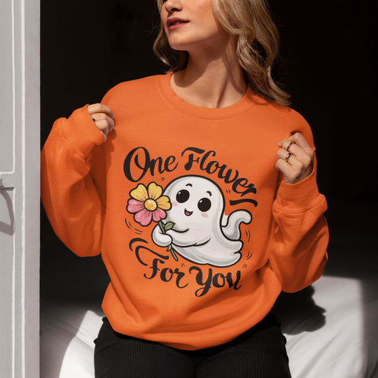 Cute Ghost "One Flower for You" Sweatshirt - Spooky Cozy Sweatshirt Printify L Orange