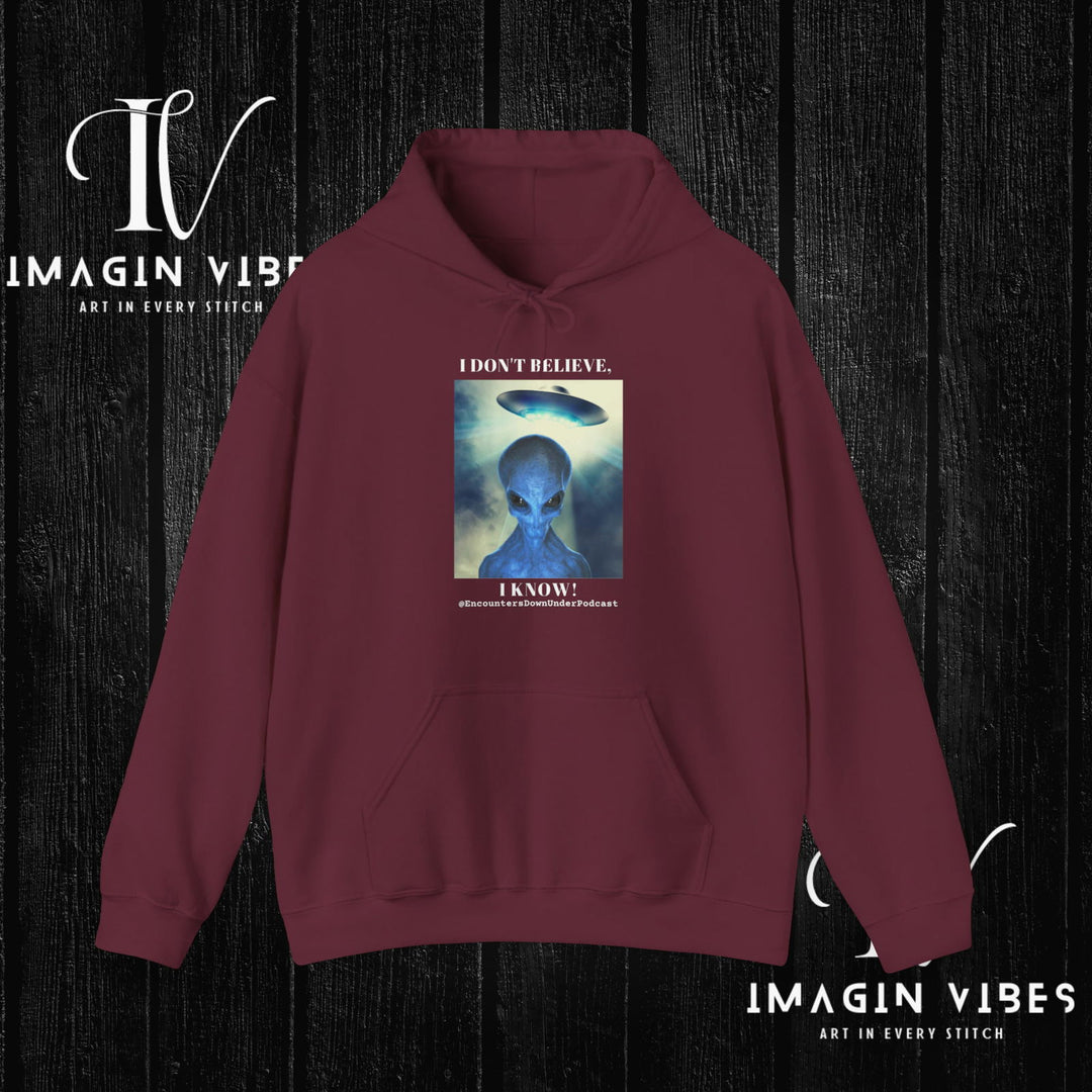 Encounters Down Under Podcast Double Side Print Hoodie, I Dont Believe, I Know Allien Podcast Hoodie Hoodie Printify Maroon S