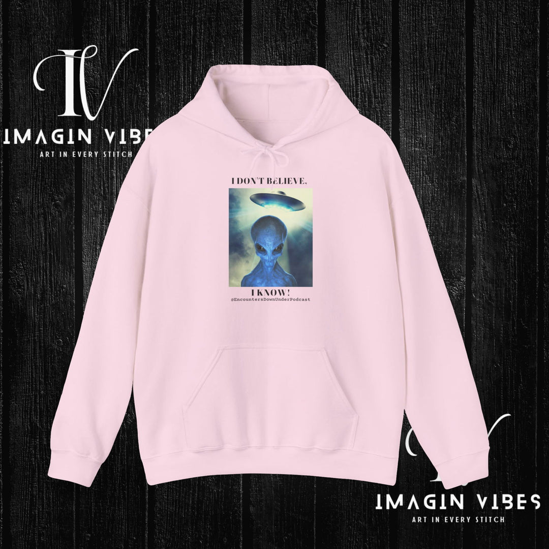Encounters Down Under Podcast Double Side Print Hoodie, I Dont Believe, I Know Allien Podcast Hoodie Hoodie Printify Light Pink S