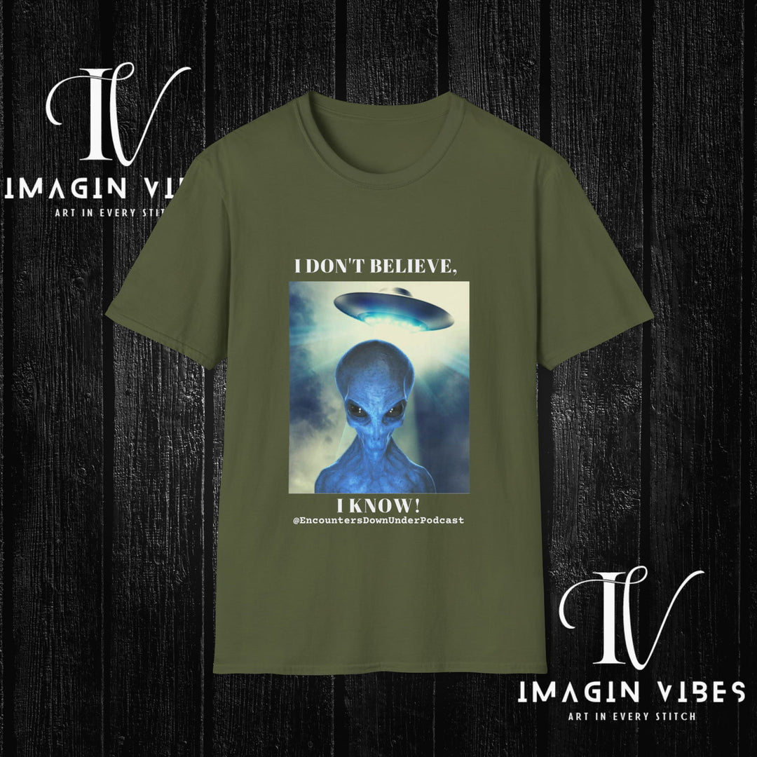 Encounters Down Under Podcast Double Side Print T-shirt - I Don't Believe, I Know T-Shirt Printify Military Green S