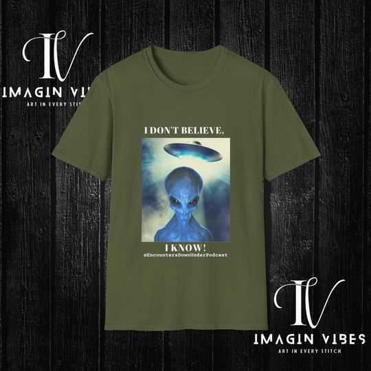Encounters Down Under Podcast Double Side Print T-shirt - I Don't Believe, I Know T-Shirt Printify Military Green S