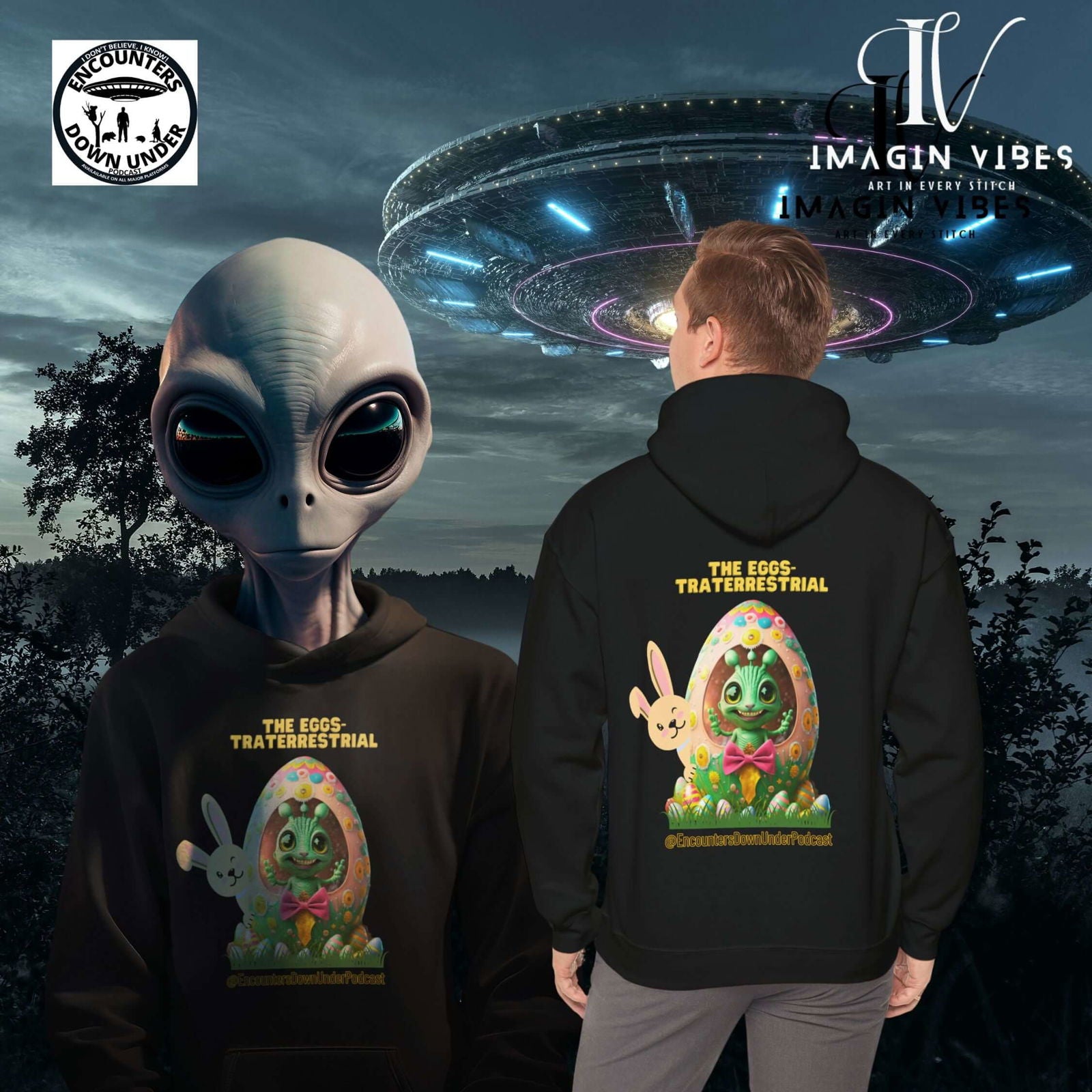 Encounters Down Under Podcast Supporting UFO Hoodie - Easter Egg Extraterrestrial UFO Hoodie - Imagin Vibes - 