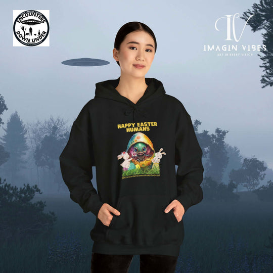 Encounters Down Under Podcast Supporting UFO Hoodie - Happy Easter Humans Alien Egg Hoodie - Imagin Vibes - 