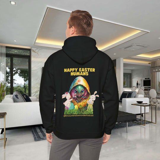 Encounters Down Under Podcast Supporting UFO Hoodie - Happy Easter Humans Alien Egg Hoodie - Imagin Vibes - 