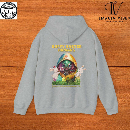 Encounters Down Under Podcast Supporting UFO Hoodie - Happy Easter Humans Alien Egg Hoodie - Imagin Vibes - 