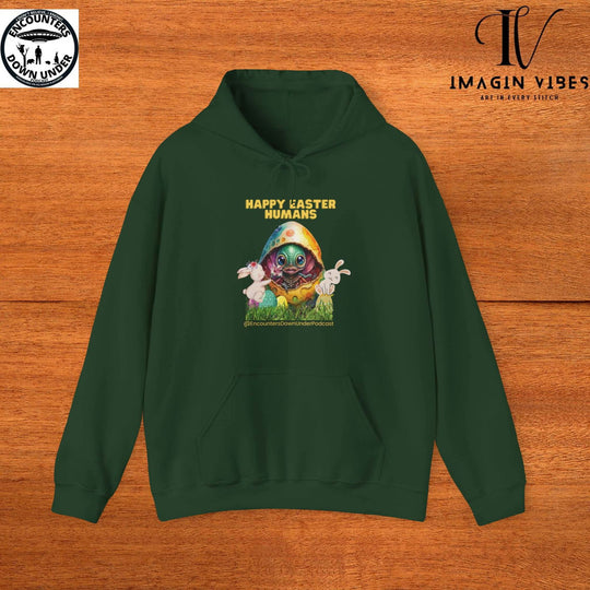 Encounters Down Under Podcast Supporting UFO Hoodie - Happy Easter Humans Alien Egg Hoodie - Imagin Vibes - 