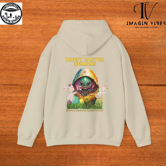 Encounters Down Under Podcast Supporting UFO Hoodie - Happy Easter Humans Alien Egg Hoodie - Imagin Vibes - 