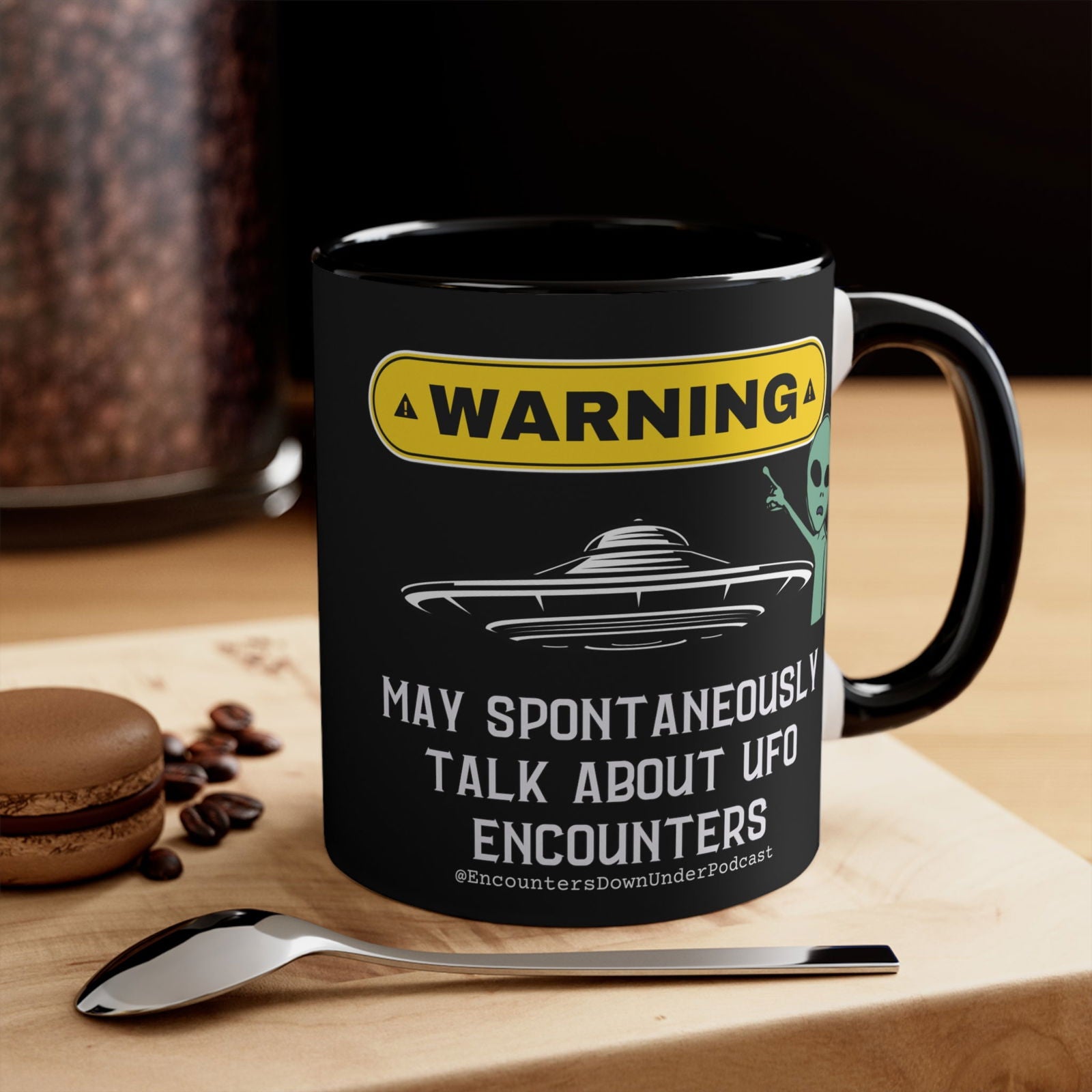 Encounters Down Under Podcast Supporting UFO Mug - WARNING Mug Printify 11oz Black