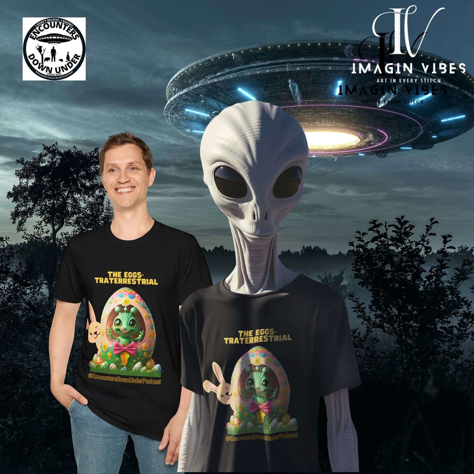 Encounters Down Under Podcast Supporting UFO Shirt - Easter Egg Extraterrestrial UFO Tee - Imagin Vibes - 