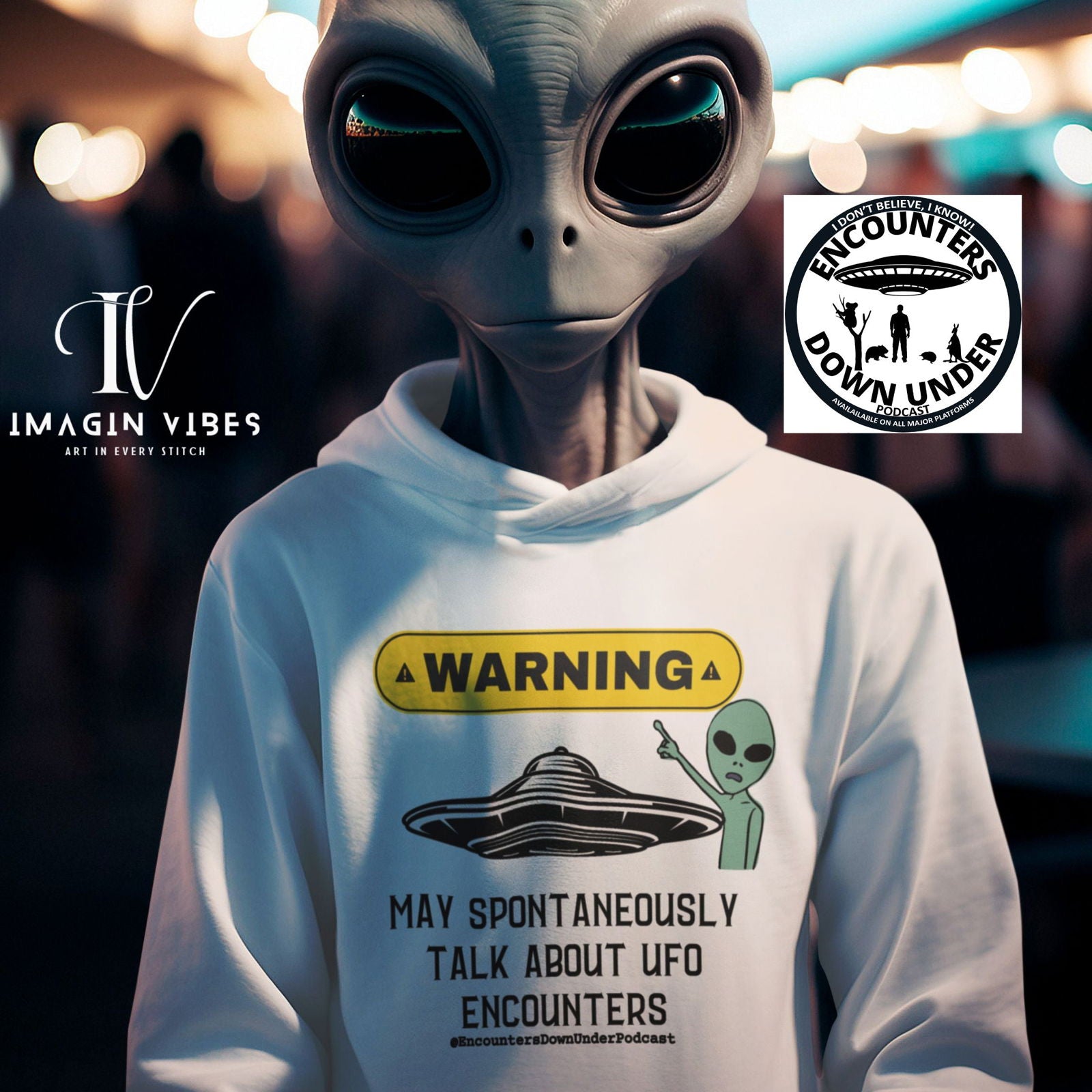 Encounters Down Under Podcast Supporting Unisex UFO Hoodie - WARNING May Spontaneously Talk About UFO Encounters Hoodie Printify