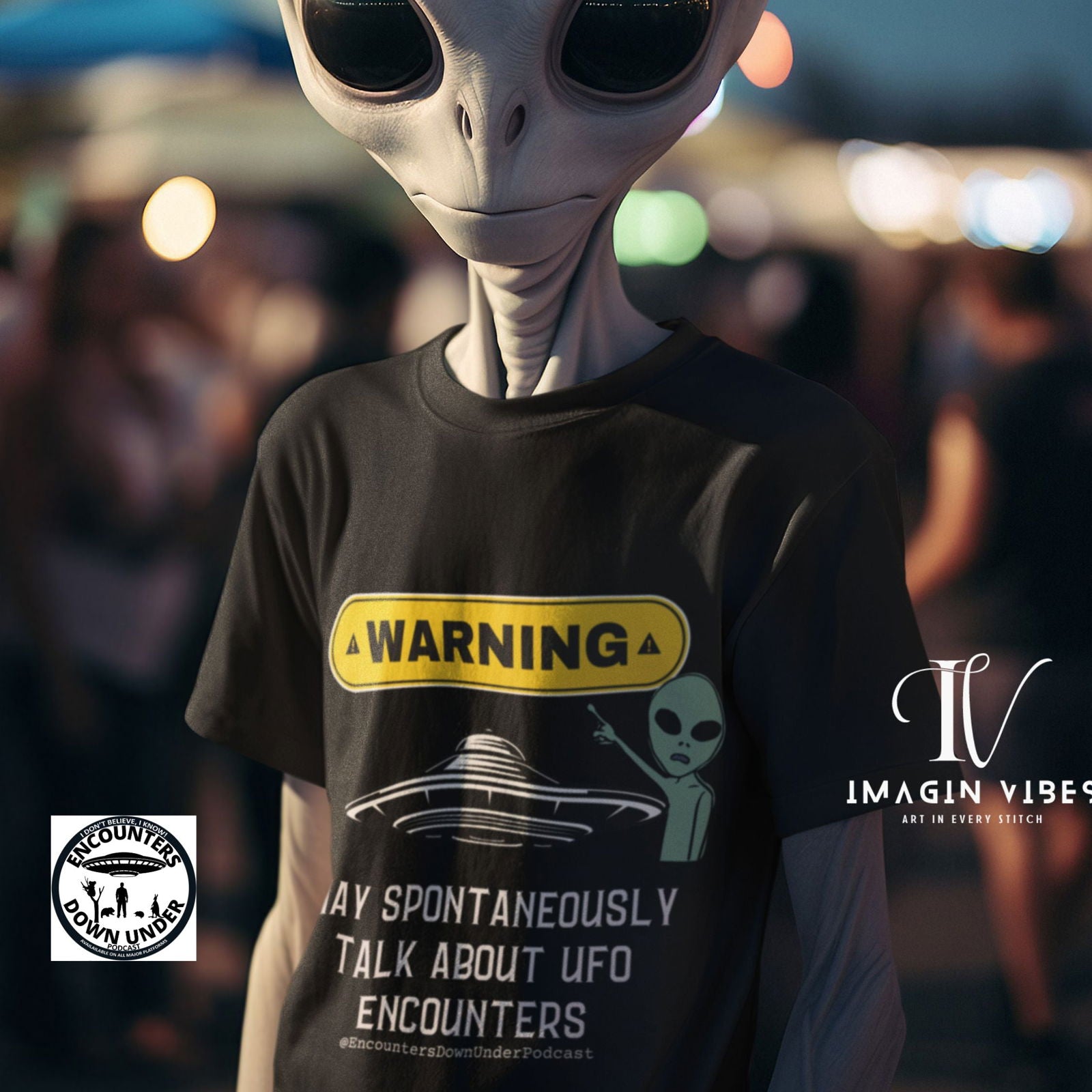 Encounters Down Under Podcast Supporting Unisex UFO T-Shirt - WARNING May Spontaneously Talk About UFO Encounters T-Shirt Printify