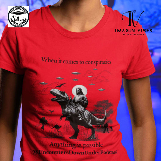 Encounters Down Under Supporter Tee, Jesus Riding Dinosaur T-Shirt - UFO Graphic Tee - Imagin Vibes - 