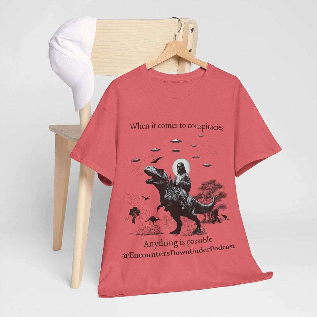 Encounters Down Under Supporter Tee, Jesus Riding Dinosaur T-Shirt - UFO Graphic Tee - Imagin Vibes - 