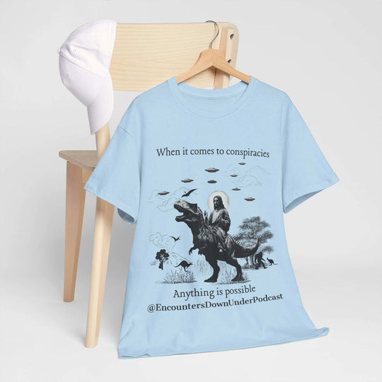 Encounters Down Under Supporter Tee, Jesus Riding Dinosaur T-Shirt - UFO Graphic Tee - Imagin Vibes - 