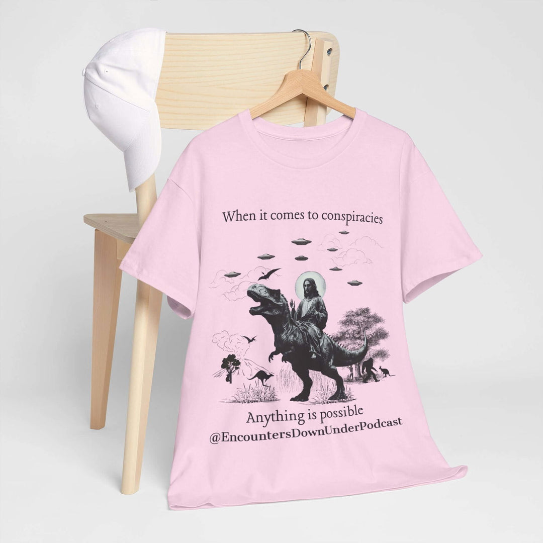 Encounters Down Under Supporter Tee, Jesus Riding Dinosaur T-Shirt - UFO Graphic Tee - Imagin Vibes - 