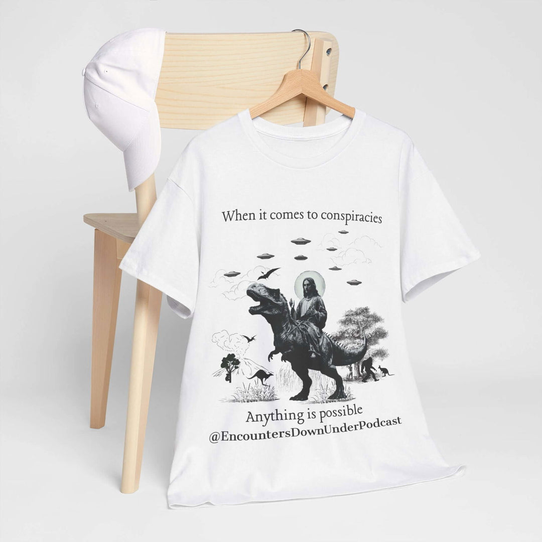 Encounters Down Under Supporter Tee, Jesus Riding Dinosaur T-Shirt - UFO Graphic Tee - Imagin Vibes - 