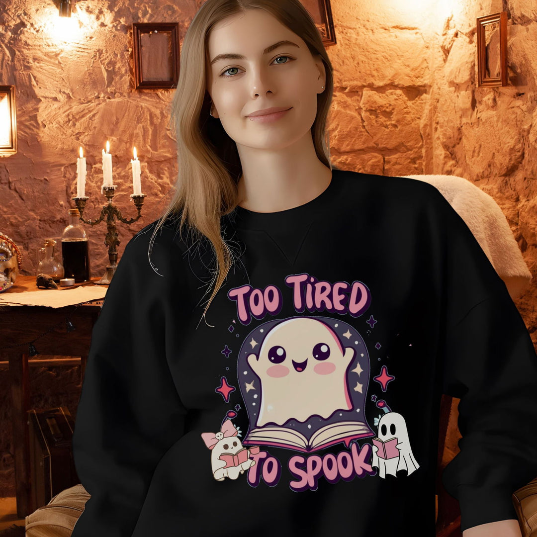 Exhausted Hauntings: Too Tired to Spook Ghost Sweatshirt Sweatshirt Printify