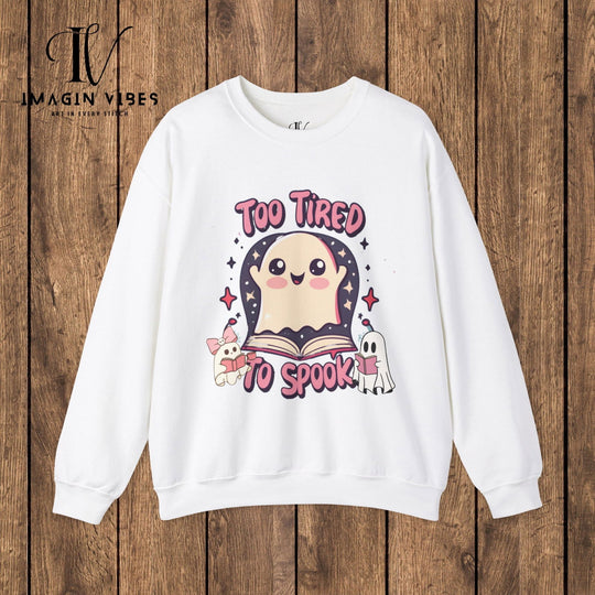 Exhausted Hauntings: Too Tired to Spook Ghost Sweatshirt Sweatshirt Printify S White