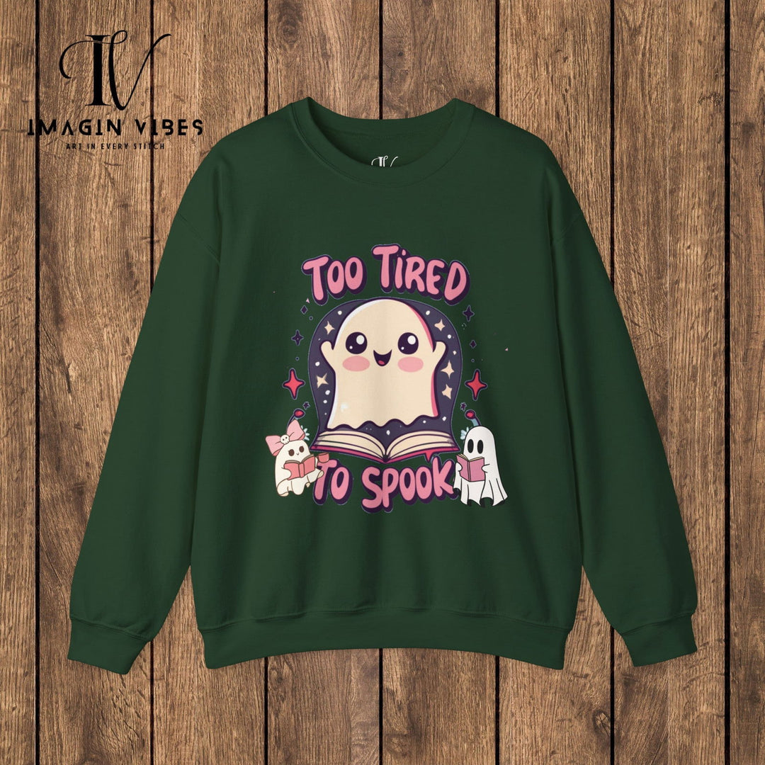 Exhausted Hauntings: Too Tired to Spook Ghost Sweatshirt Sweatshirt Printify S Forest Green