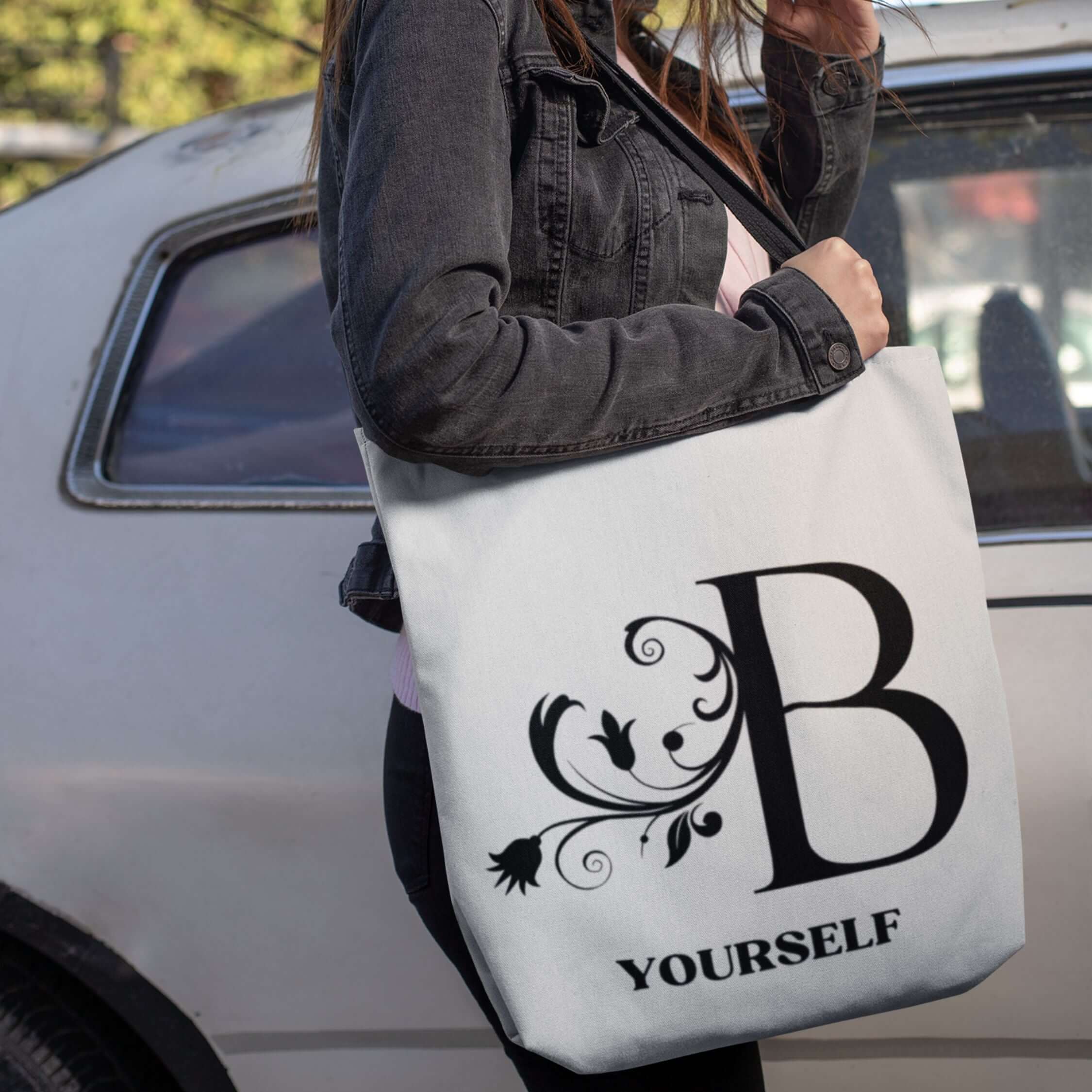 Floral Initial Tote Bag - Be Yourself Vintage Aesthetic Bags Printify