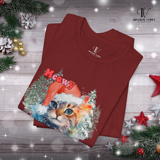 Meowy Catmas: Watercolor Cat Christmas T-Shirt