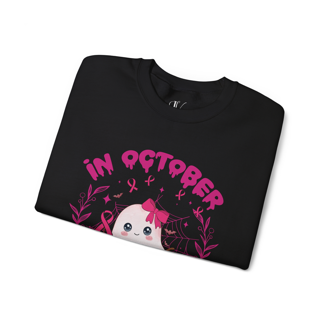 Cute Spooky Ghost Breast Cancer Support "In October We Wear Pink" Sweatshirt