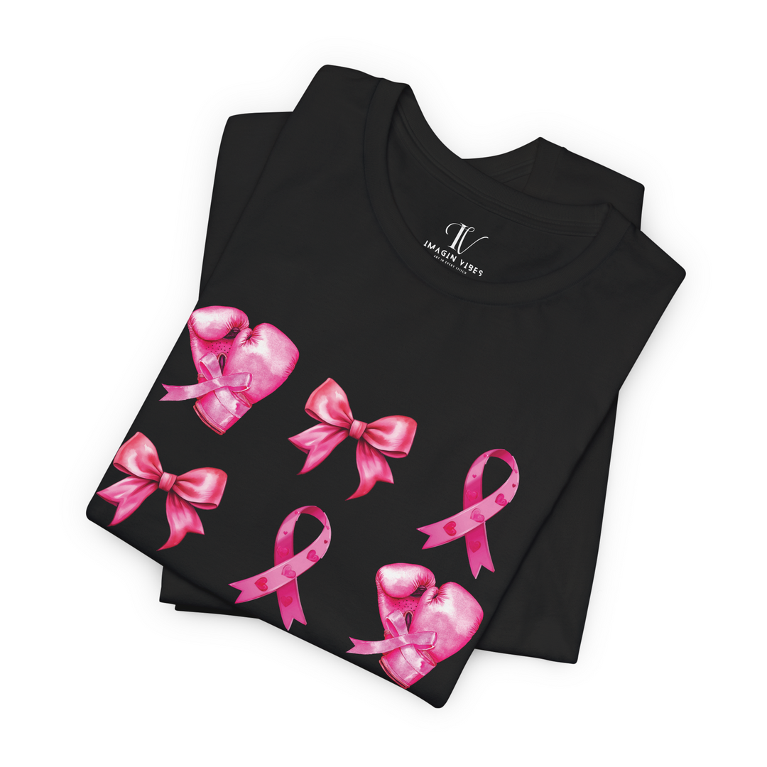 Pink Ribbons And Boxing Gloves Breast Cancer Support T-Shirt