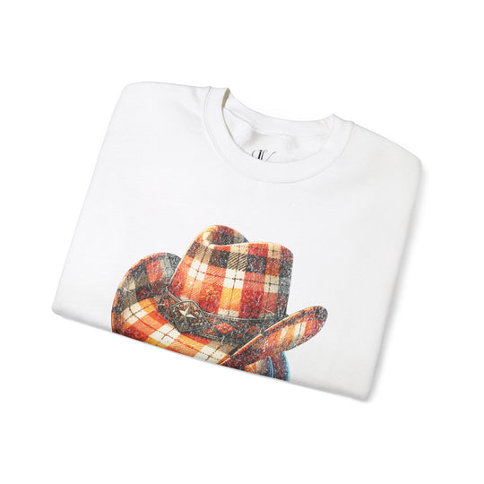 Plaid Pumpkin Crewneck Sweatshirt - Howdy Pumpkin Western Fall Sweatshirt