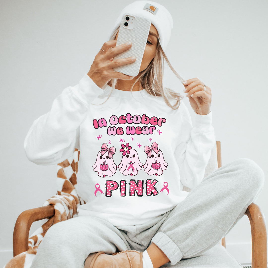 Ghosts Breast Cancer Support "In October We Wear Pink" Sweatshirt Sweatshirt Printify
