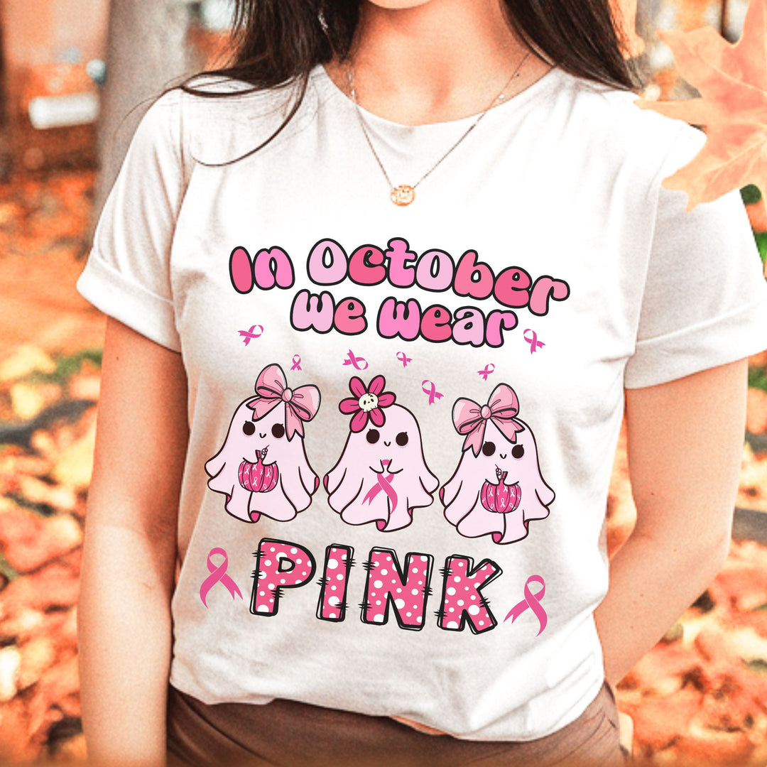Ghosts Breast Cancer Support "In October We Wear Pink" T-Shirt T-Shirt Printify White M