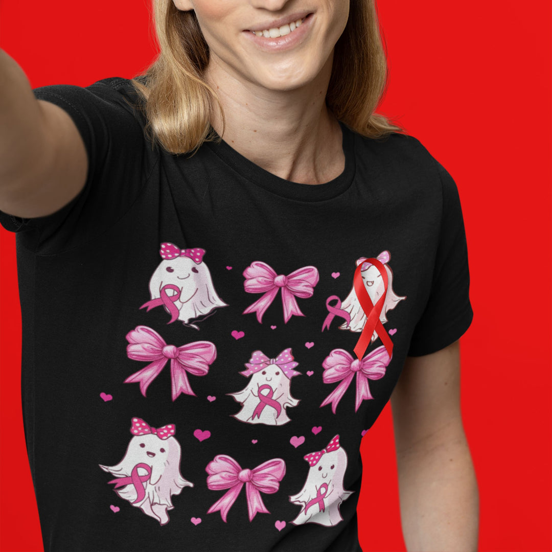 Ghosts and Pink Ribbons Cancer Support T-Shirt T-Shirt Printify Black M