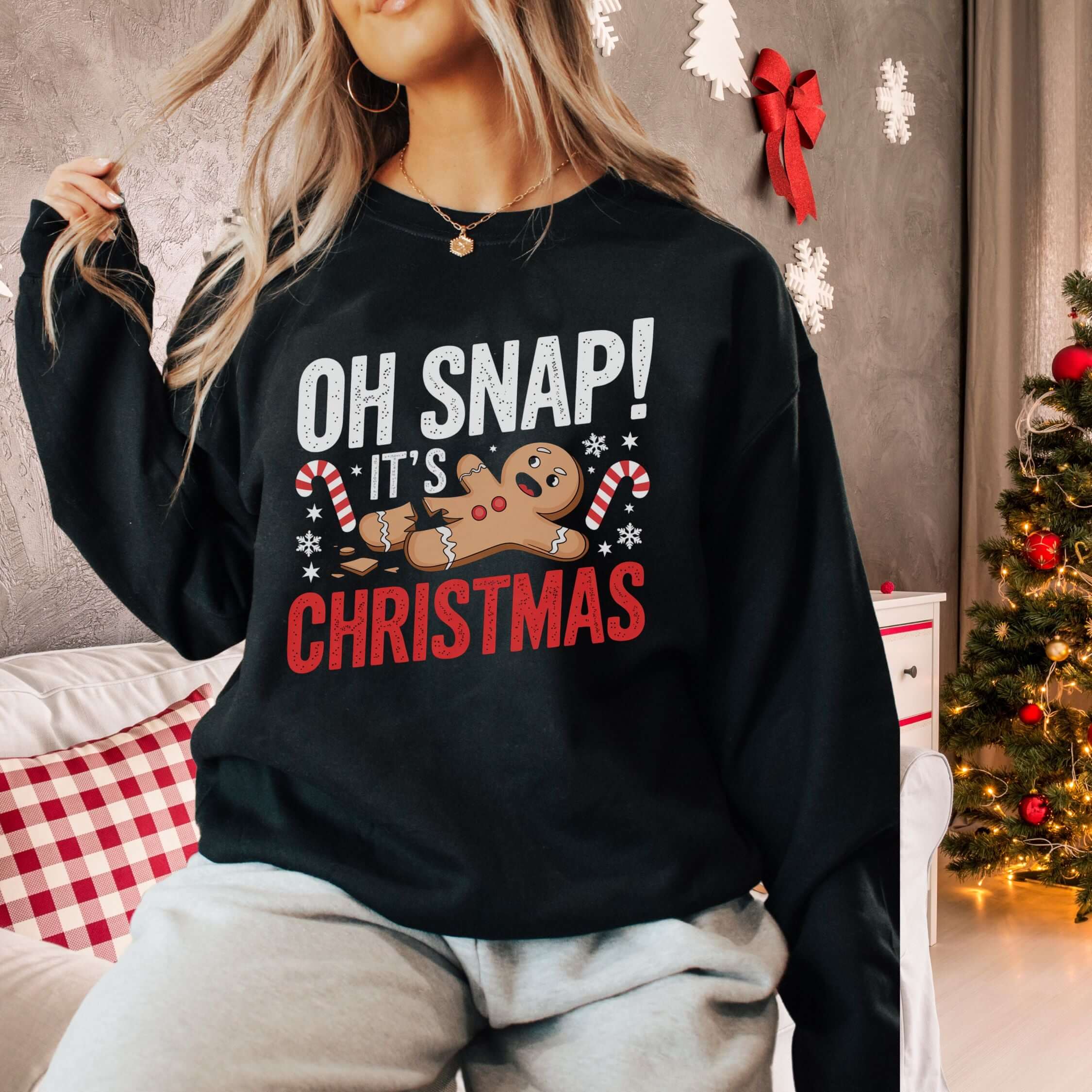 Gingerbread Man Crewneck Sweatshirt - Oh Snap It's Christmas Sweatshirt Printify M Black