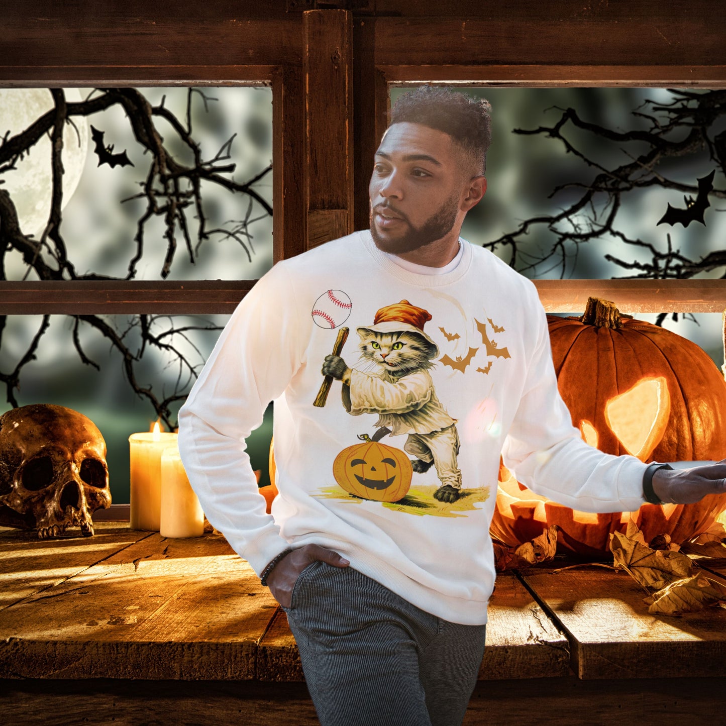 Halloween Cat Baseball Sweatshirt | Playful Feline and Pumpkins - Spooky Sports | Halloween Fun Sweatshirt Sweatshirt   