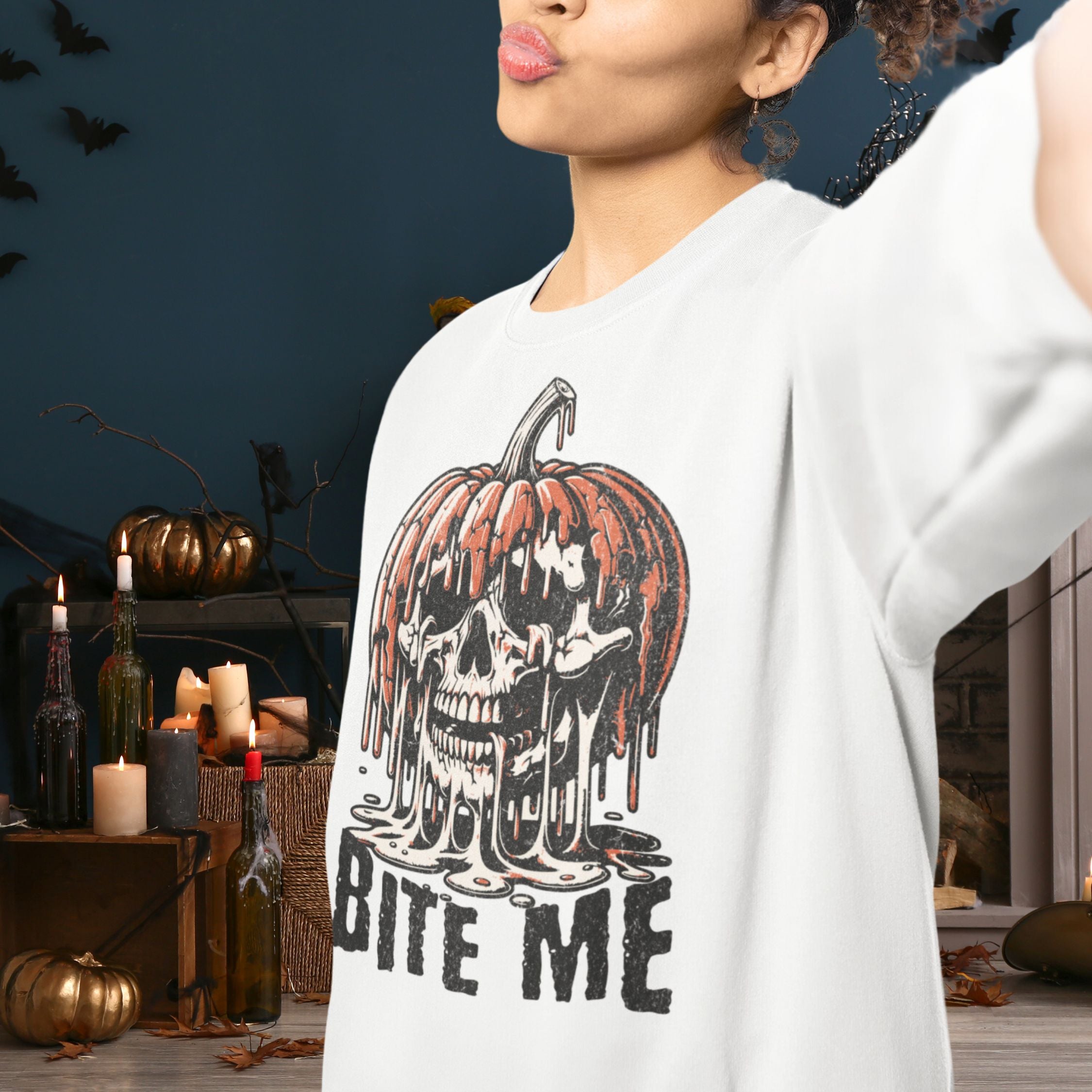 Halloween Crewneck Sweatshirt - Bite Me Pumpkin Skull Sweatshirt Printify