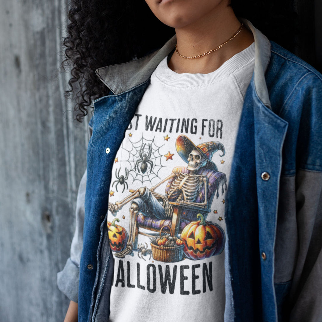 Halloween Crewneck Sweatshirt with Relaxing Skeleton
