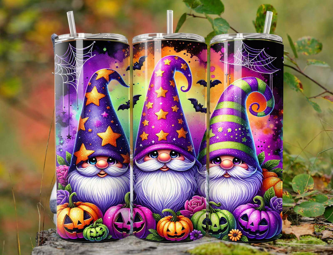 Halloween Gnome 20oz Stainless Steel Tumbler — Cute & Creepy Pumpkins, Bats & Spiderwebs Mug Printify