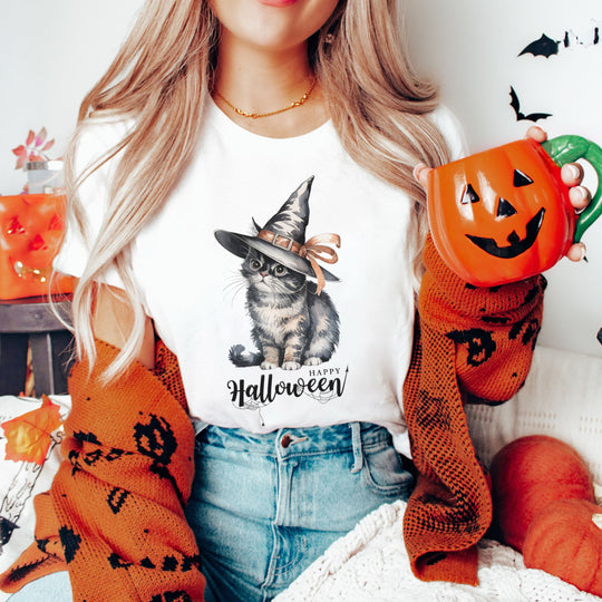 Halloween Witch Cute Cat "Happy Halloween" T-Shirt